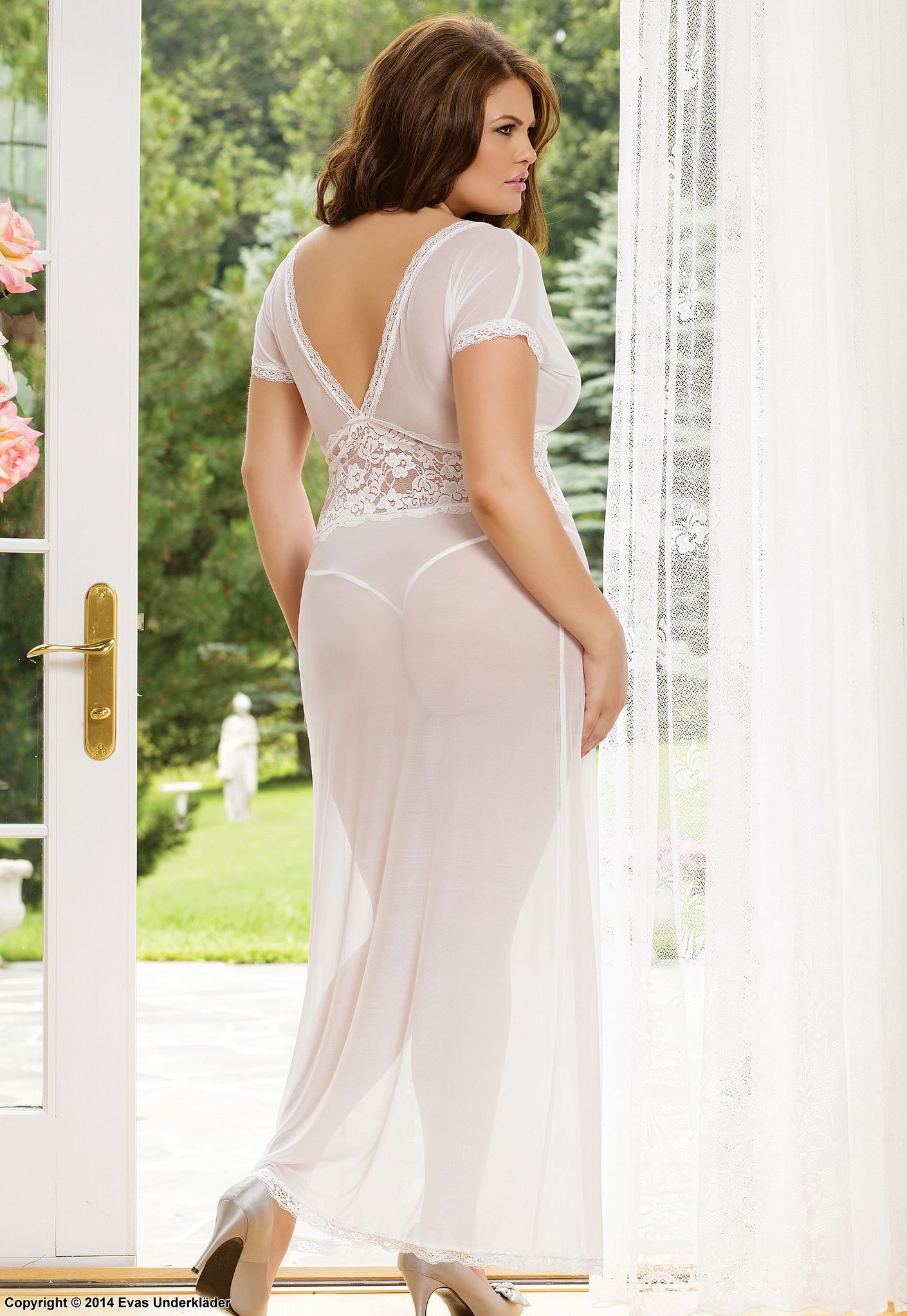 Long lace V-neck gown with high slit, plus size